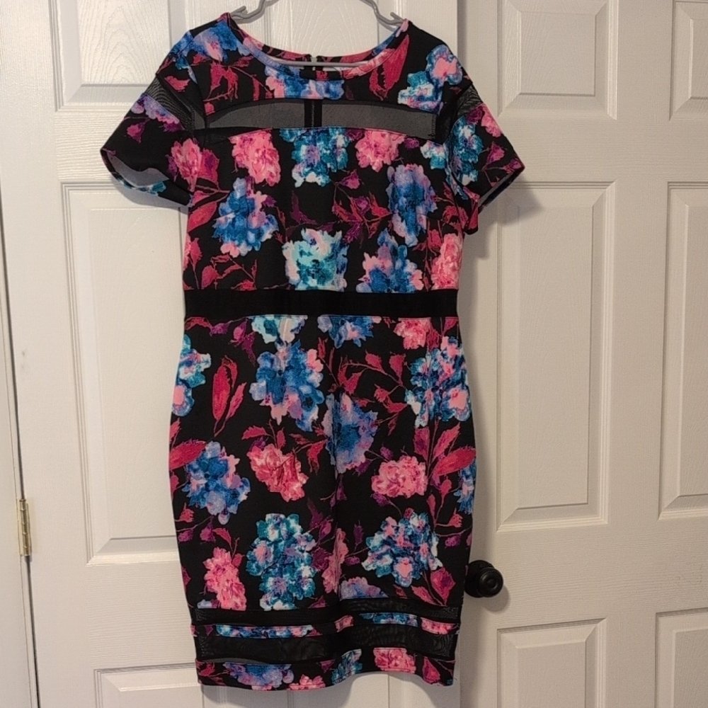 Boutique Bright Pink and Black Floral Black Dress with Sheer Cut-outs Size 1X